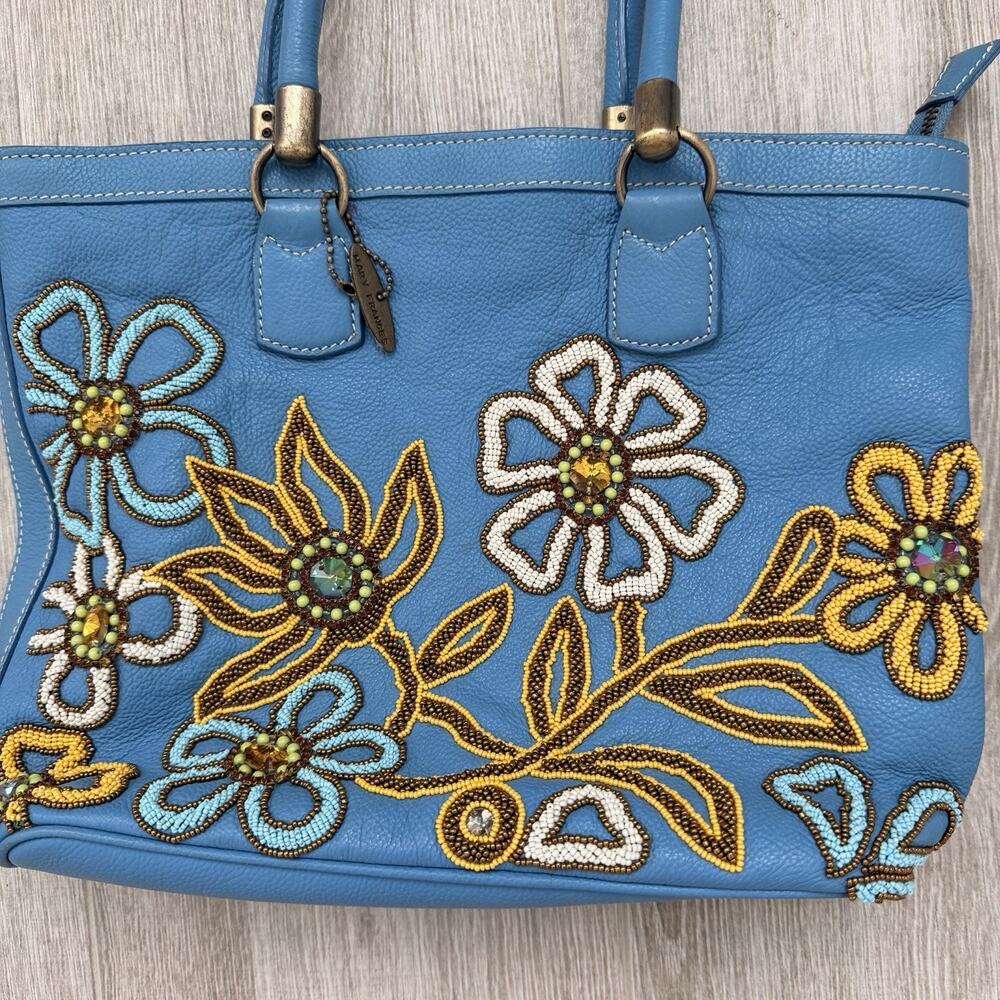 Mary Frances Blue Leather Beaded Yellow Floral Purse Bag Classic Bohemian